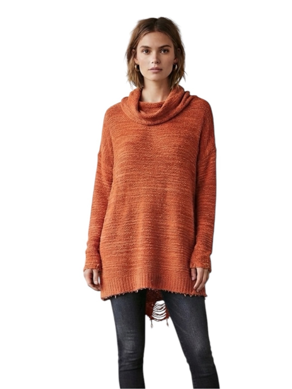 Free People Cowl Neck Distresses Long‎ Sweater in Warm Orange Size M